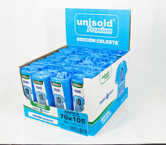 Bolsas para Residuos CELESTE – Unisold Premium Edificio 70x105 · Caja 28 rollos x 10 bolsas