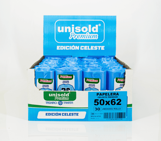 Bolsas para Residuos CELESTE – Unisold Premium Papelera 50x62 · Caja 30 rollos x 30 bolsas