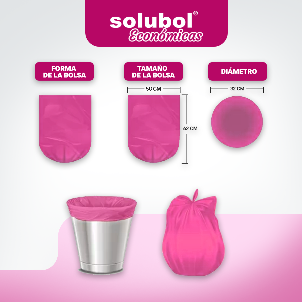 Bolsas Para Residuos ROSA. Caja de 35 Rollos X 30 Bolsas - Medida 50x62 centímetros.