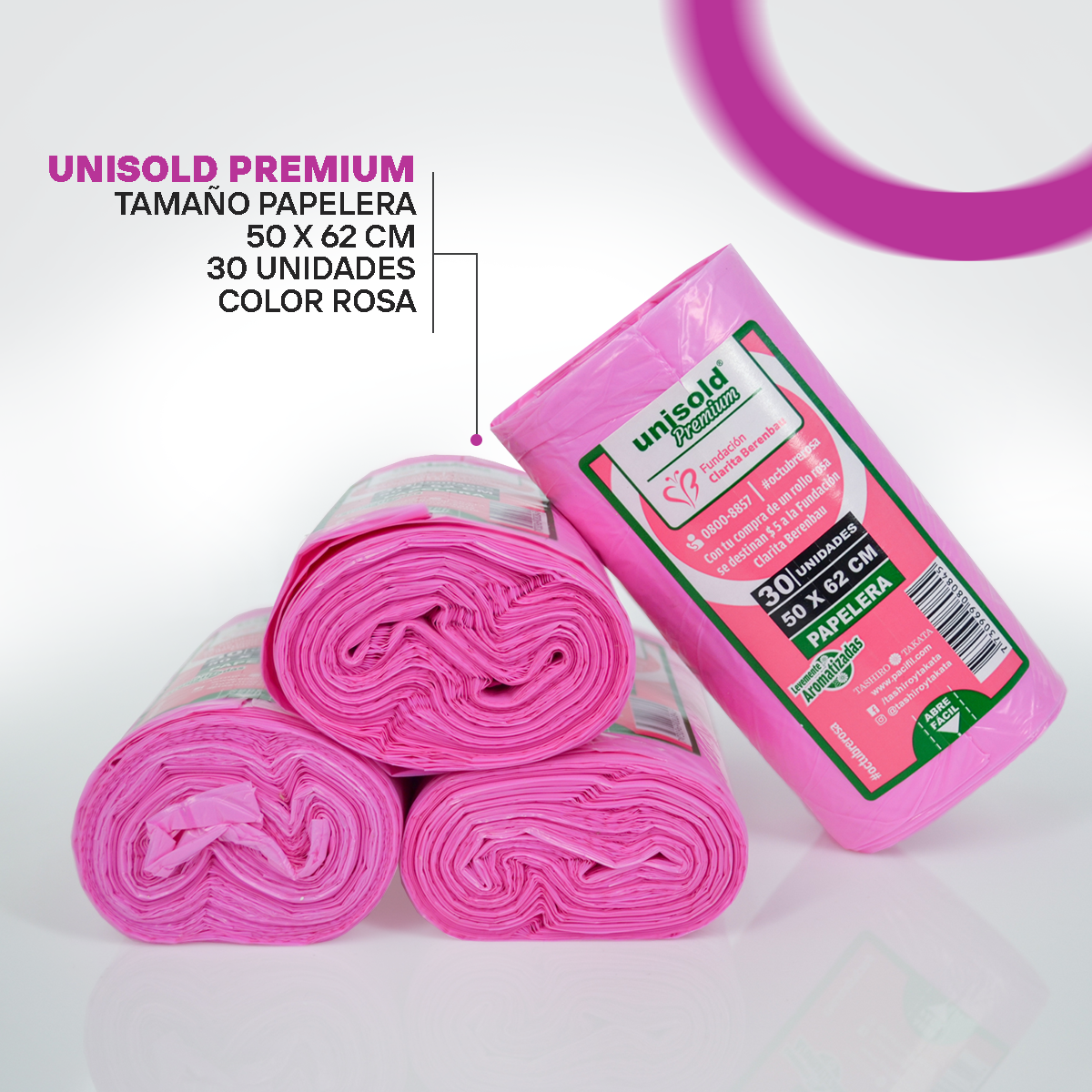 Bolsas Para Residuos ROSA. Caja de 30 Rollos X 30 Bolsas - Medida 50x62 centímetros.