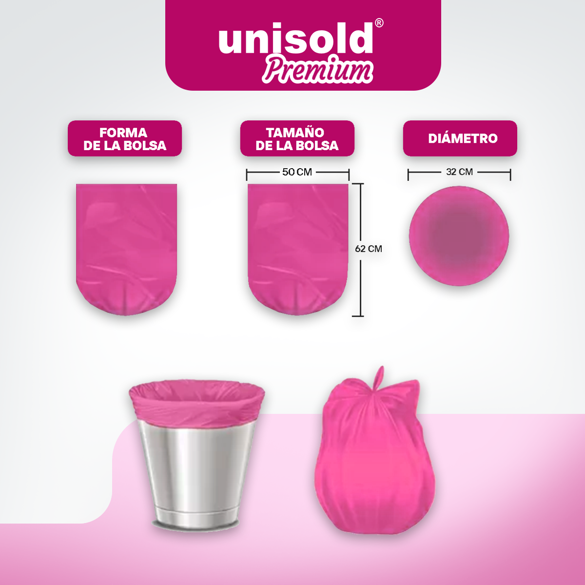 Bolsas Para Residuos ROSA. Caja de 30 Rollos X 30 Bolsas - Medida 50x62 centímetros.