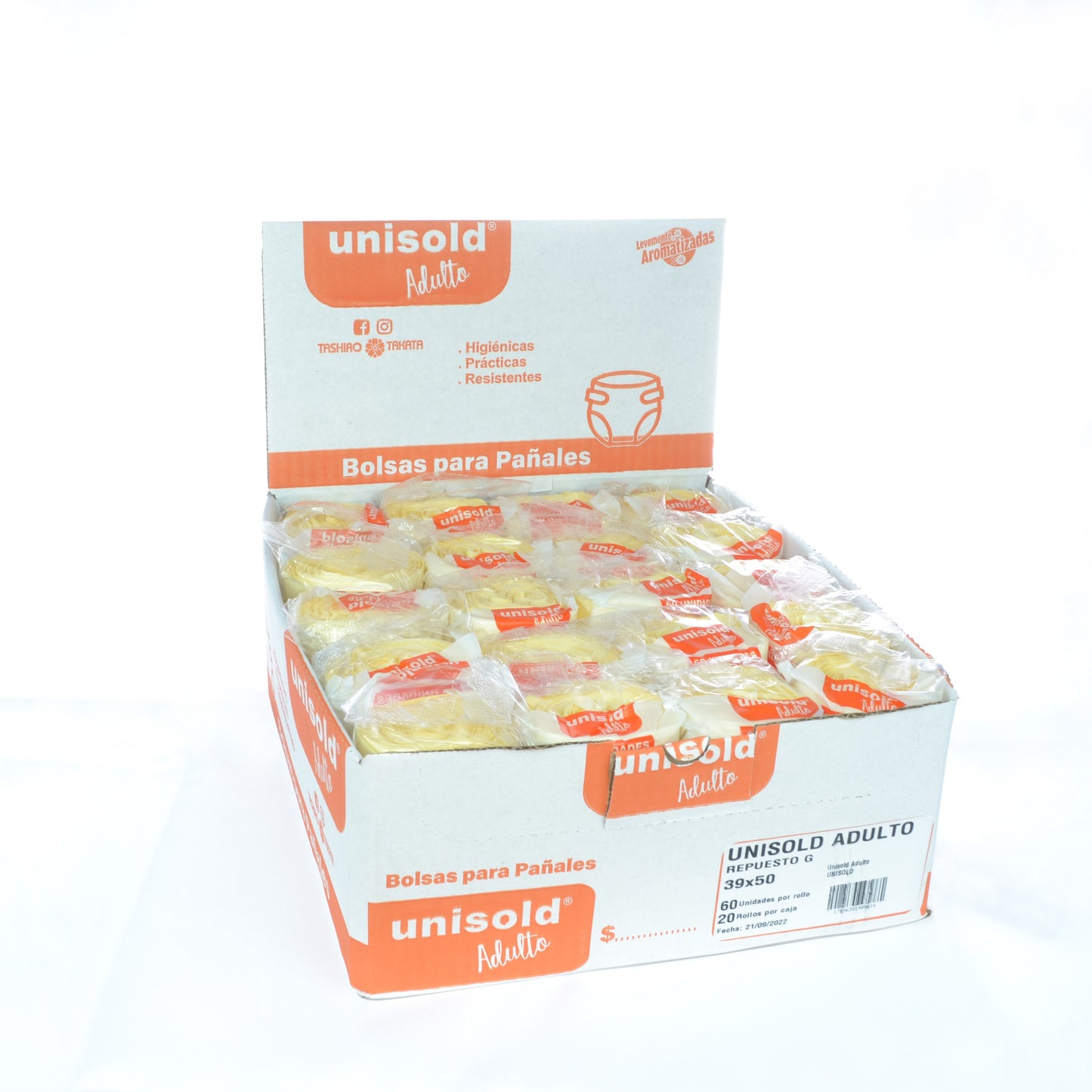 Bolsas Para Pañales Adultos de 39x50 cm Caja: 20 Rollos X 60 Bolsas c/u