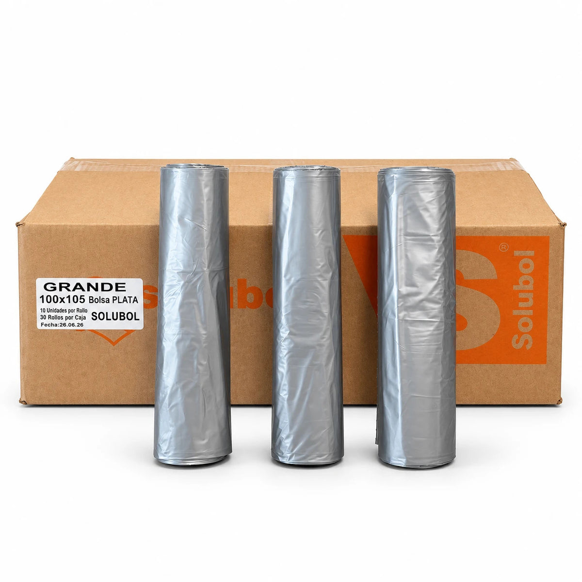 Bolsas para Residuos PLATA – Solubol Grande 100x105 · Caja 30 rollos x 10 bolsas