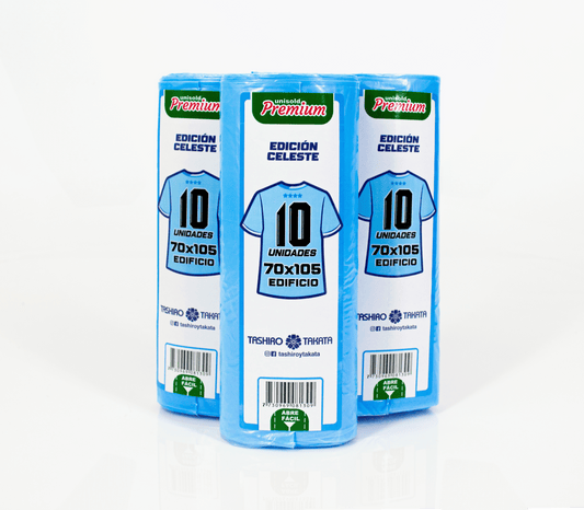 Bolsas para Residuos CELESTE – Unisold Premium Edificio 70x105 · Caja 28 rollos x 10 bolsas