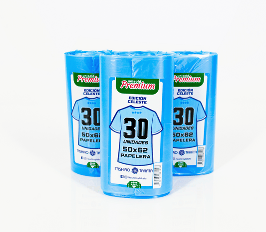 Bolsas para Residuos CELESTE – Unisold Premium Papelera 50x62 · Caja 30 rollos x 30 bolsas