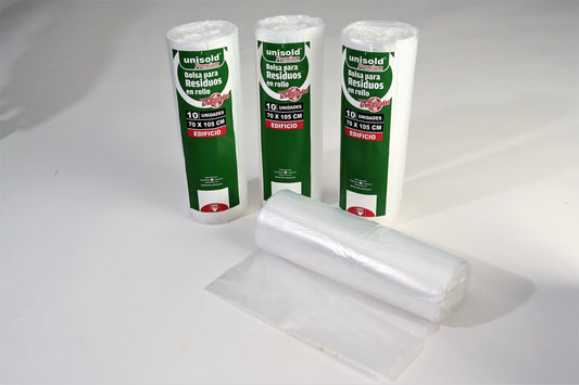 Bolsas para Residuos TRANSPARENTE – Unisold Premium Edificio 70x105 · Caja 28 rollos x 10 bolsas