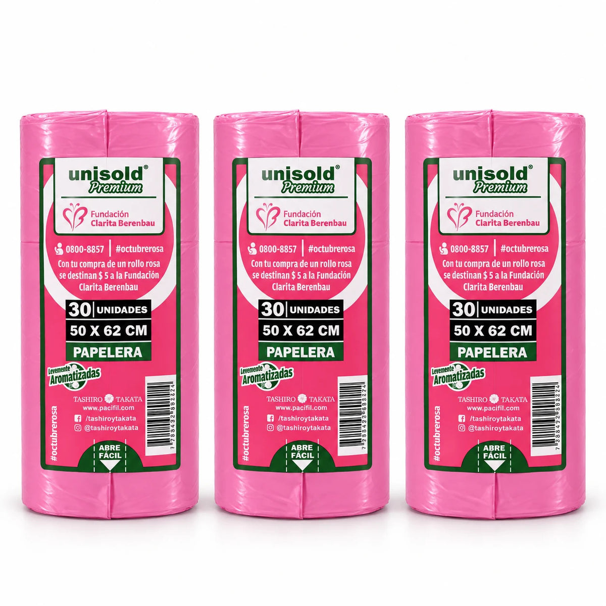 Bolsas para residuos rosa Unisold Premium papelera 50x62 rollos de 30 Octubre Rosa