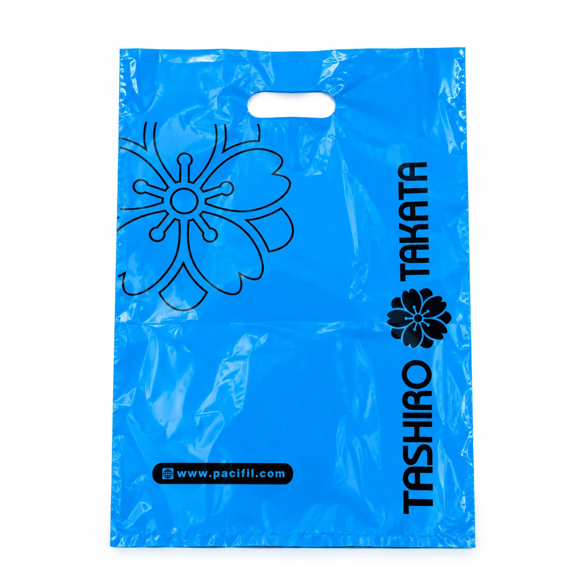 Bolsa sacabocado riñón celeste impresa con logo Tashiro y Takata