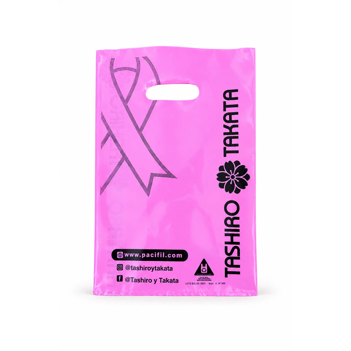 Bolsa sacabocado riñón rosa impresa con logo Tashiro y Takata, Octubre Rosa