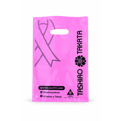 Bolsa sacabocado riñón rosa impresa con logo Tashiro y Takata, Octubre Rosa