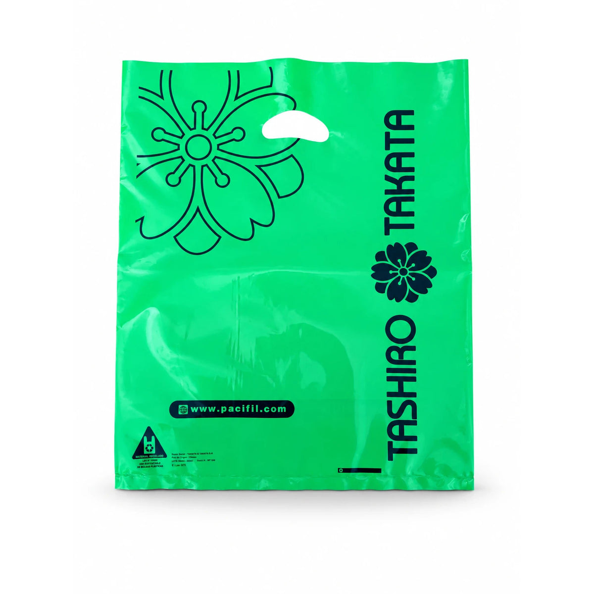 Bolsa sacabocado riñón verde impresa con logo Tashiro y Takata