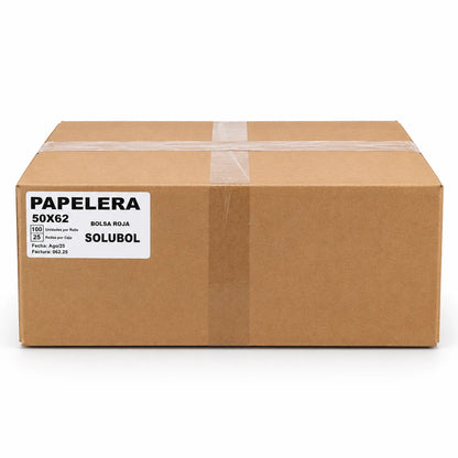 Caja Solubol papelera 50x62 roja 25 rollos x 100 bolsas