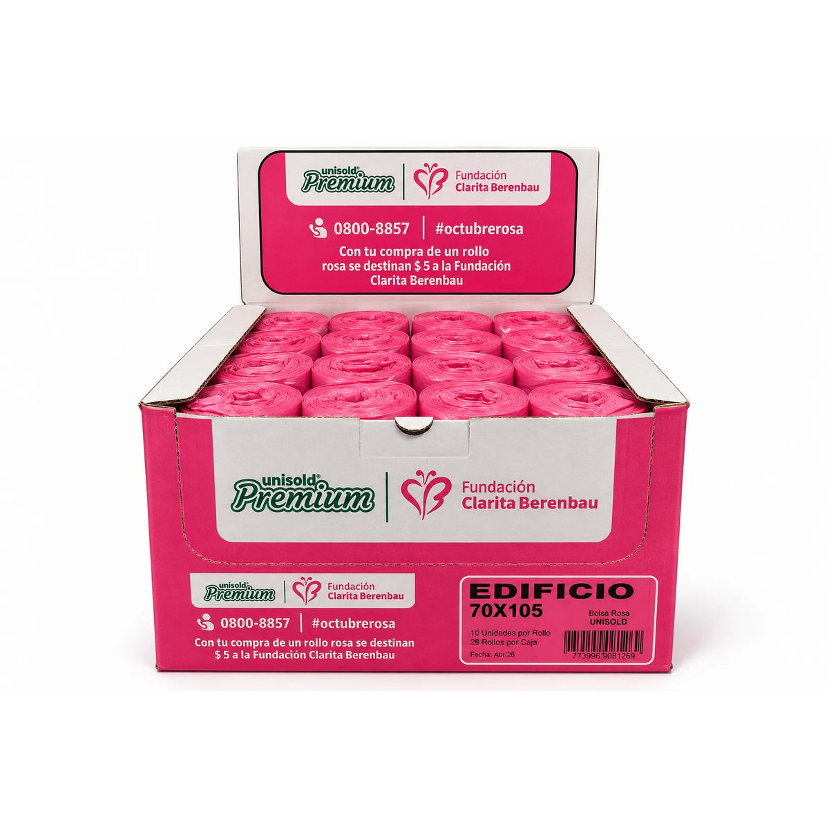 Caja Unisold Premium edificio 70x105 rosa 28 rollos x 10 bolsas Octubre Rosa