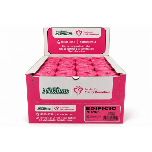 Caja Unisold Premium edificio 70x105 rosa 28 rollos x 10 bolsas Octubre Rosa