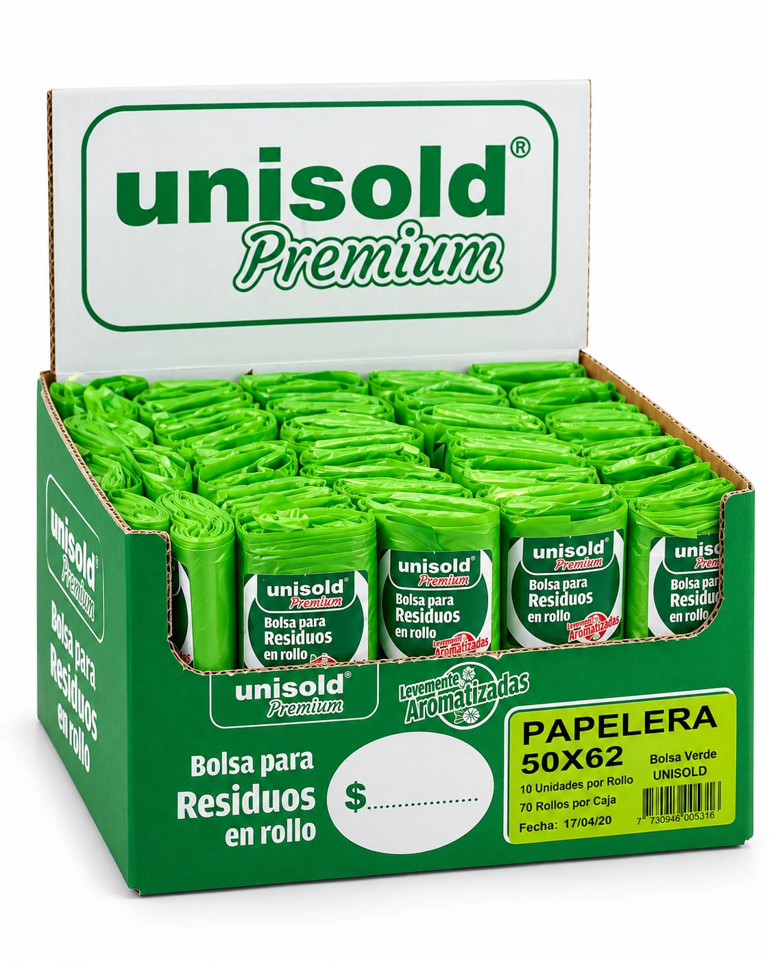 Bolsas para Residuos VERDE – Unisold Premium Papelera 50x62 · Caja 70 rollos x 10 bolsas